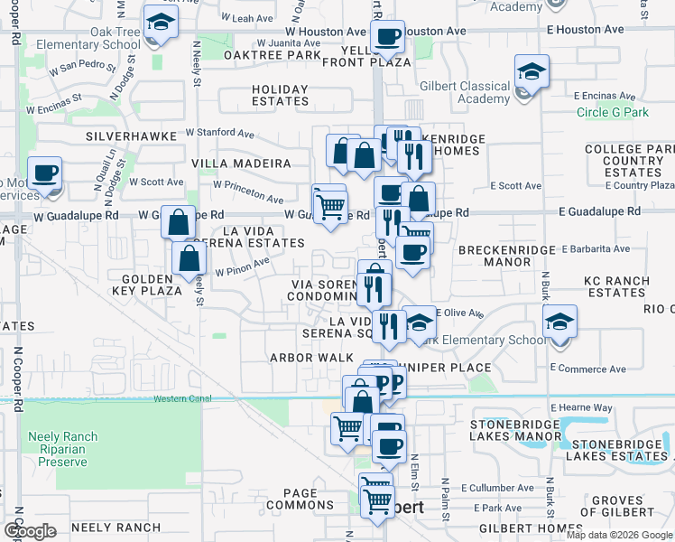 map of restaurants, bars, coffee shops, grocery stores, and more near 199 West Olive Avenue in Gilbert