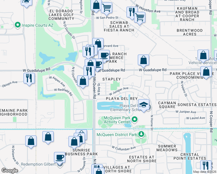 map of restaurants, bars, coffee shops, grocery stores, and more near 653 North Abalone Court in Gilbert