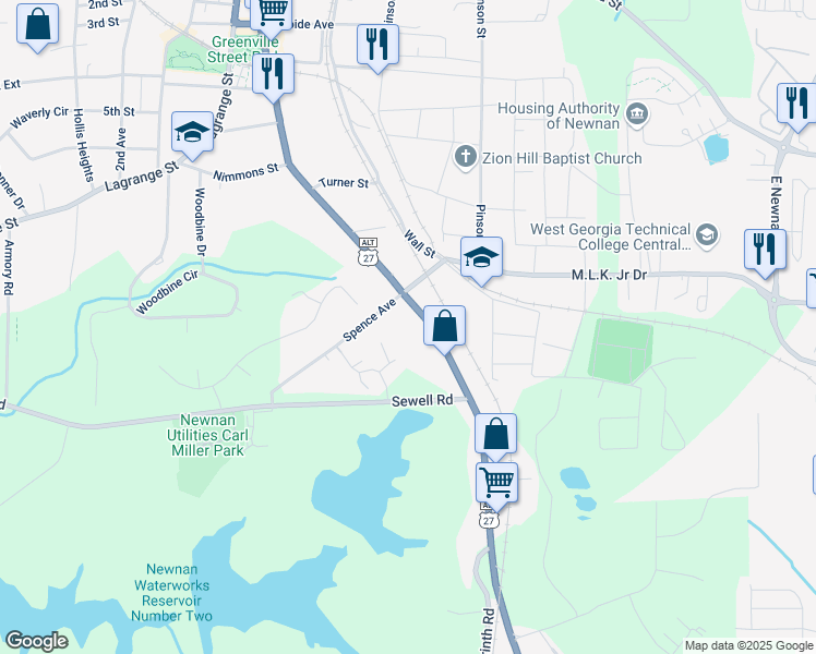 map of restaurants, bars, coffee shops, grocery stores, and more near 191 Greenville Street South in Newnan