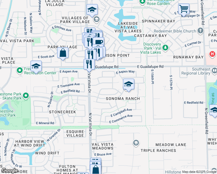 map of restaurants, bars, coffee shops, grocery stores, and more near 1696 East Olive Avenue in Gilbert