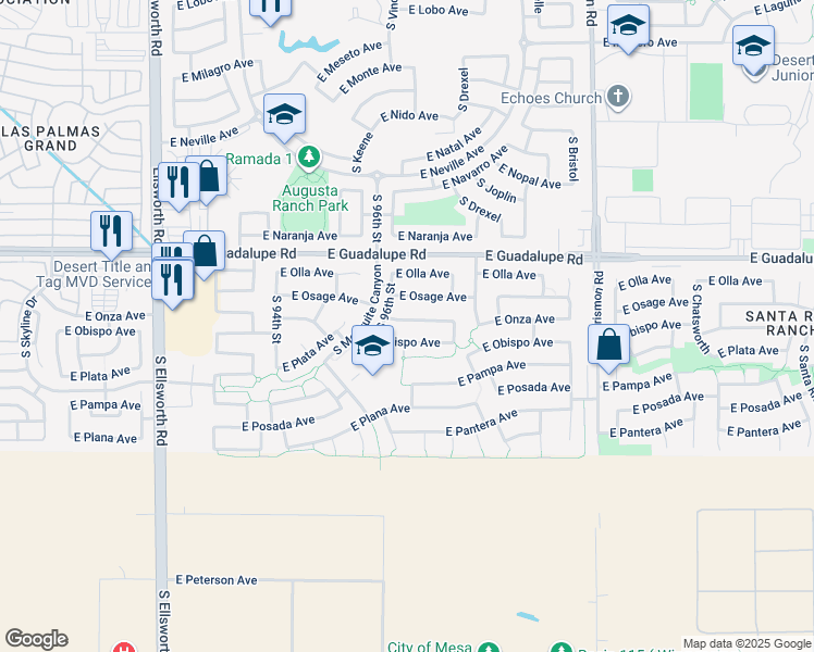 map of restaurants, bars, coffee shops, grocery stores, and more near 9657 East Obispo Avenue in Mesa