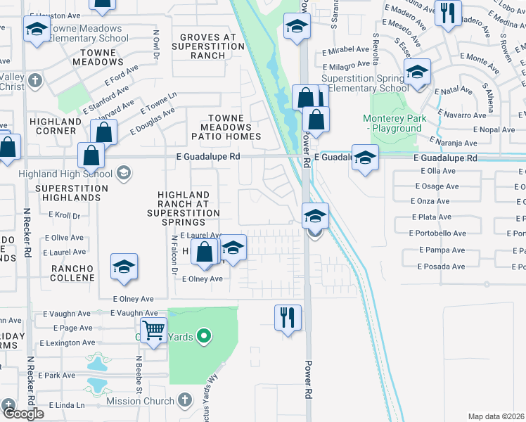 map of restaurants, bars, coffee shops, grocery stores, and more near 2990 South Power Road in Mesa
