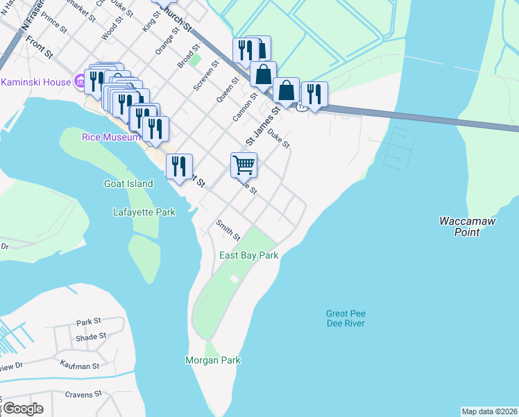 map of restaurants, bars, coffee shops, grocery stores, and more near 103 Bolick Street in Georgetown