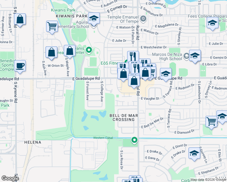 map of restaurants, bars, coffee shops, grocery stores, and more near 608 East Strahan Drive in Tempe