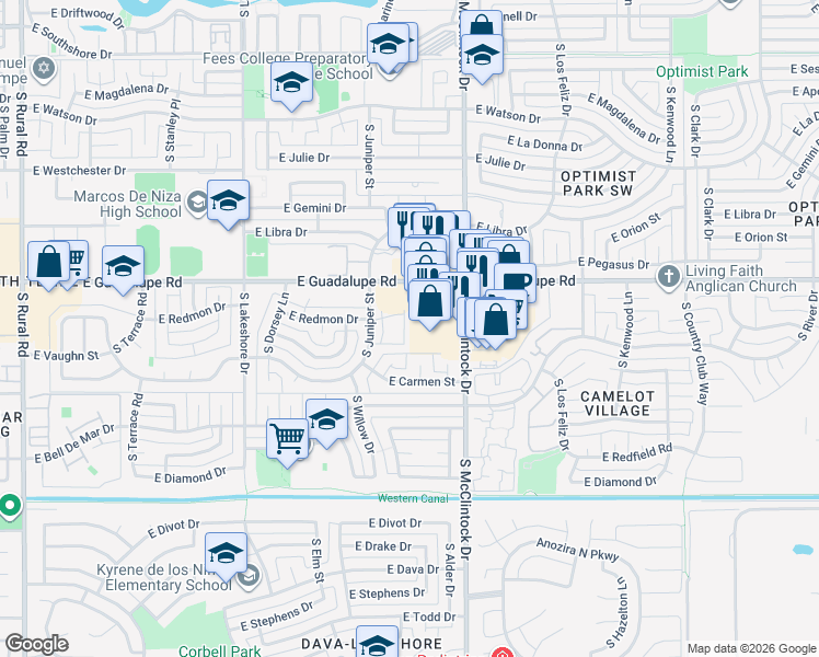 map of restaurants, bars, coffee shops, grocery stores, and more near 6453 South Butte Avenue in Tempe