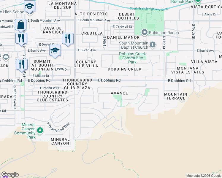 map of restaurants, bars, coffee shops, grocery stores, and more near 957 East La Mirada Drive in Phoenix