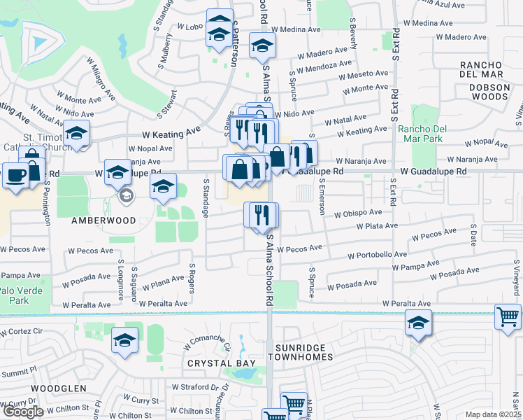 map of restaurants, bars, coffee shops, grocery stores, and more near 2930 South Alma School Road in Mesa