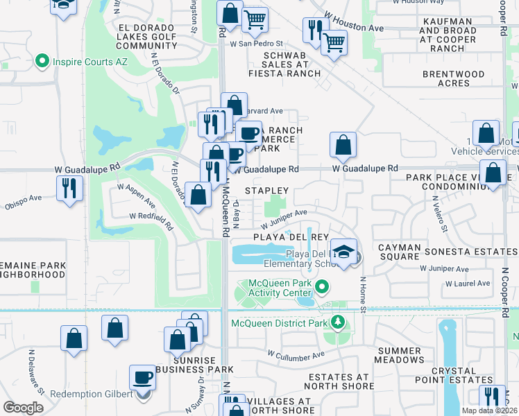 map of restaurants, bars, coffee shops, grocery stores, and more near 653 North Abalone Court in Gilbert