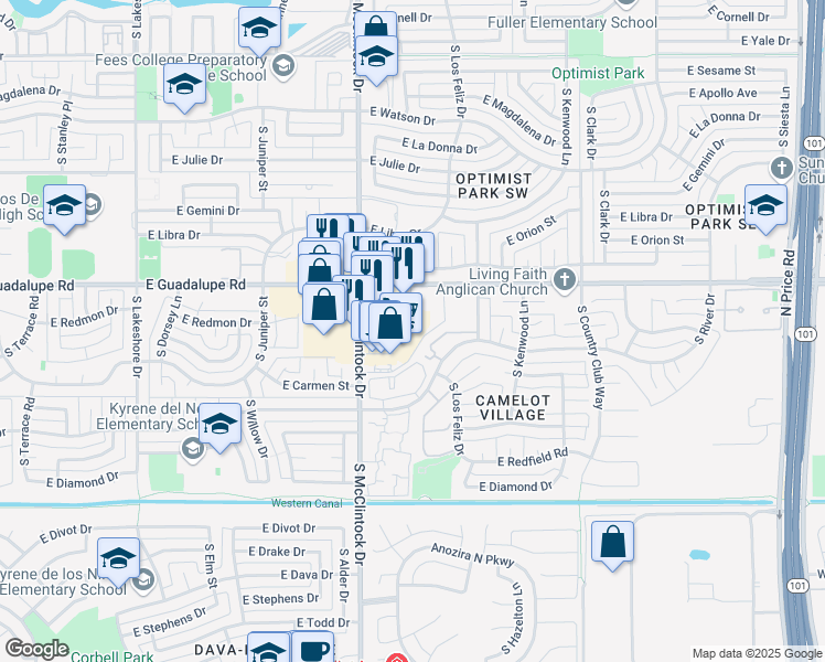map of restaurants, bars, coffee shops, grocery stores, and more near 1835 East Guadalupe Road in Tempe