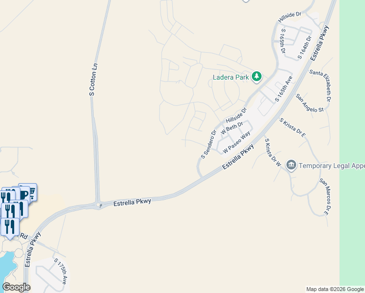 map of restaurants, bars, coffee shops, grocery stores, and more near West Winston Drive in Goodyear