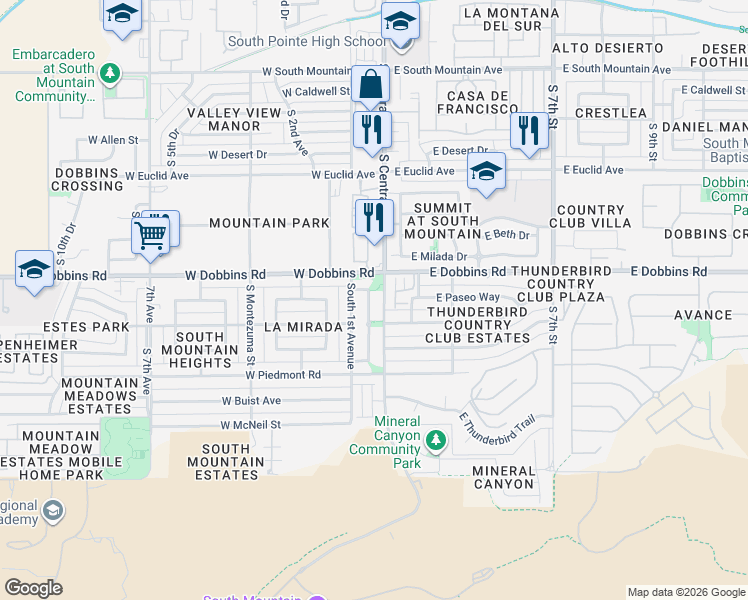 map of restaurants, bars, coffee shops, grocery stores, and more near 9221 South Leila Lane in Phoenix