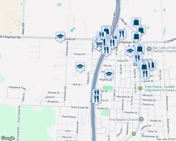 map of restaurants, bars, coffee shops, grocery stores, and more near 105 North Berry Street in Sanger