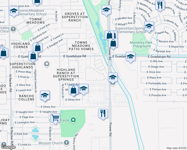 map of restaurants, bars, coffee shops, grocery stores, and more near 706 North Blackbird Drive in Gilbert