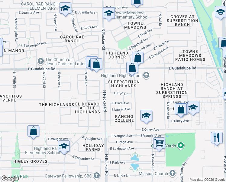 map of restaurants, bars, coffee shops, grocery stores, and more near 4068 East Pinon Way in Gilbert