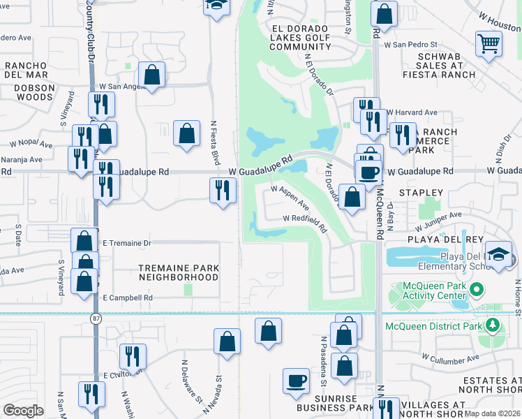 map of restaurants, bars, coffee shops, grocery stores, and more near 1903 West Aspen Avenue in Gilbert
