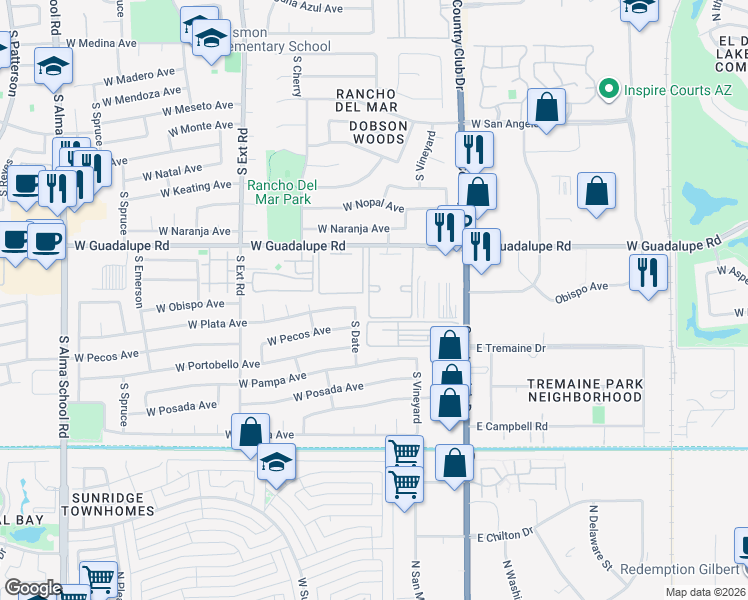 map of restaurants, bars, coffee shops, grocery stores, and more near 623 West Guadalupe Road in Mesa
