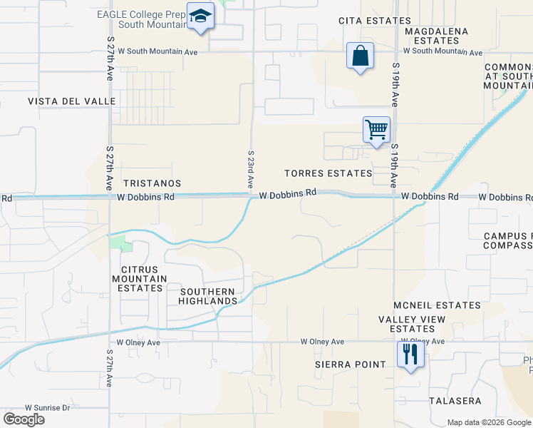 map of restaurants, bars, coffee shops, grocery stores, and more near 2235 West Dobbins Road in Phoenix