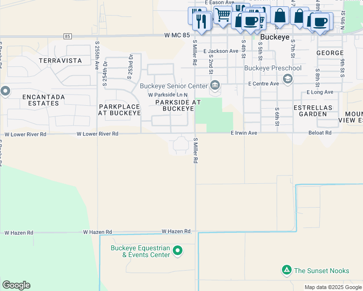 map of restaurants, bars, coffee shops, grocery stores, and more near 25157 West Beloat Road in Buckeye