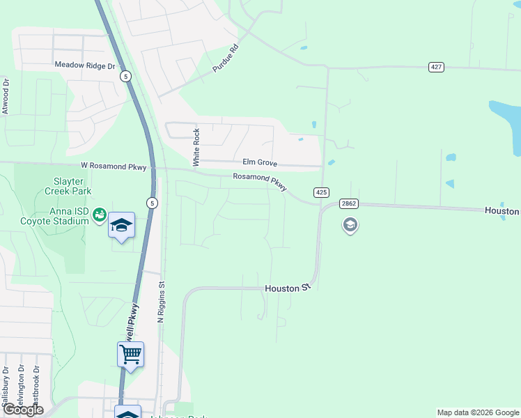 map of restaurants, bars, coffee shops, grocery stores, and more near 308 Elm Grove in Anna