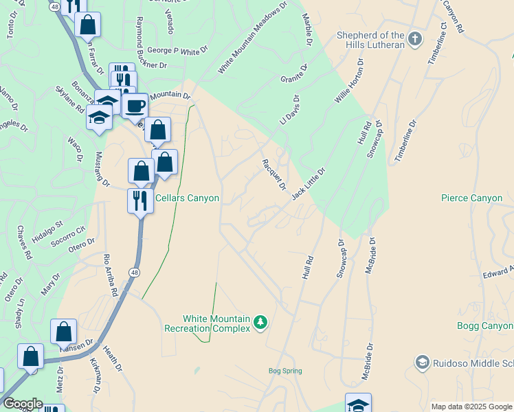 map of restaurants, bars, coffee shops, grocery stores, and more near 109 Jack Little Drive in Ruidoso