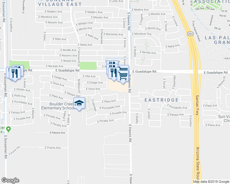 map of restaurants, bars, coffee shops, grocery stores, and more near 8256 East Obispo Avenue in Mesa
