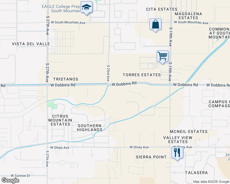 map of restaurants, bars, coffee shops, grocery stores, and more near 2235 West Dobbins Road in Phoenix