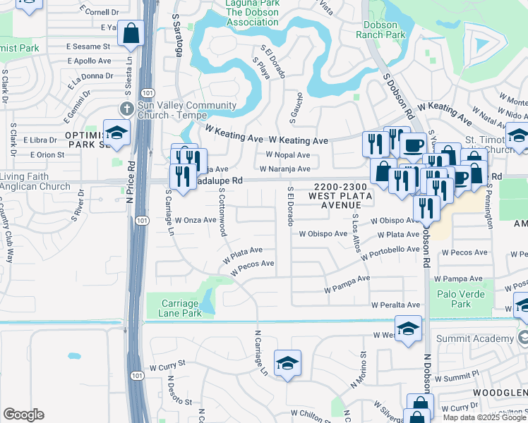 map of restaurants, bars, coffee shops, grocery stores, and more near 2837 South Don Luis Circle in Mesa