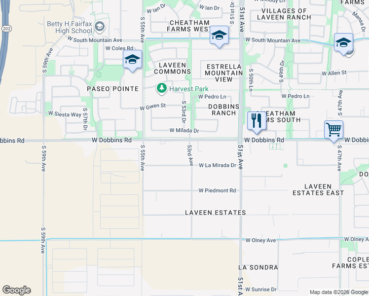 map of restaurants, bars, coffee shops, grocery stores, and more near 5335 West Milada Drive in Phoenix
