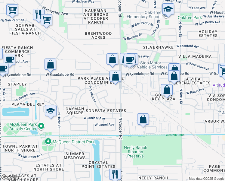 map of restaurants, bars, coffee shops, grocery stores, and more near 720 North Cooper Road in Gilbert