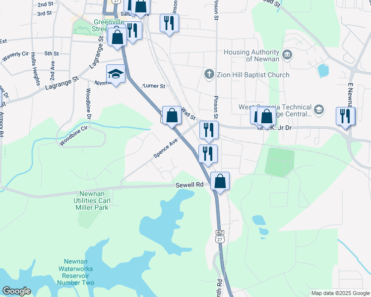 map of restaurants, bars, coffee shops, grocery stores, and more near 191 Greenville Street South in Newnan