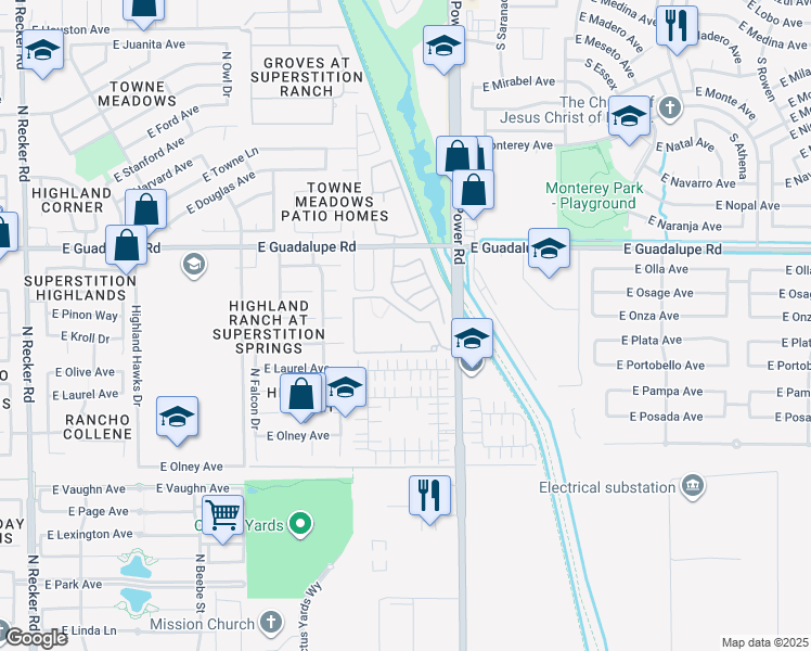 map of restaurants, bars, coffee shops, grocery stores, and more near 2990 South Power Road in Mesa