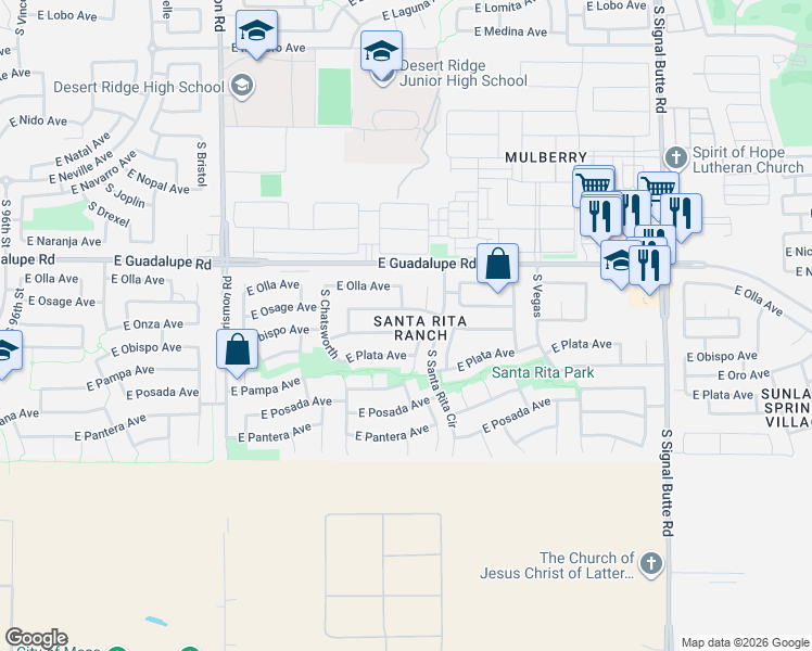 map of restaurants, bars, coffee shops, grocery stores, and more near 10302 East Osage Avenue in Mesa