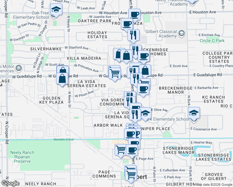 map of restaurants, bars, coffee shops, grocery stores, and more near 81 West Guadalupe Road in Gilbert