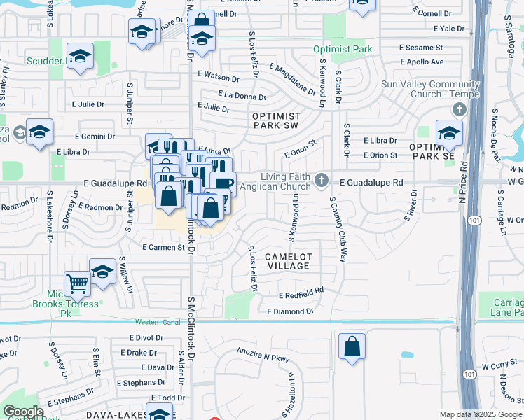 map of restaurants, bars, coffee shops, grocery stores, and more near 1875 East Guadalupe Road in Tempe