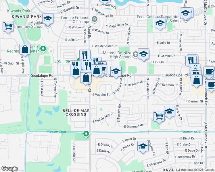 map of restaurants, bars, coffee shops, grocery stores, and more near 1012 East Redmon Drive in Tempe