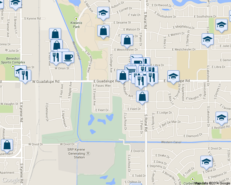 map of restaurants, bars, coffee shops, grocery stores, and more near 6417 South El Camino Drive in Tempe
