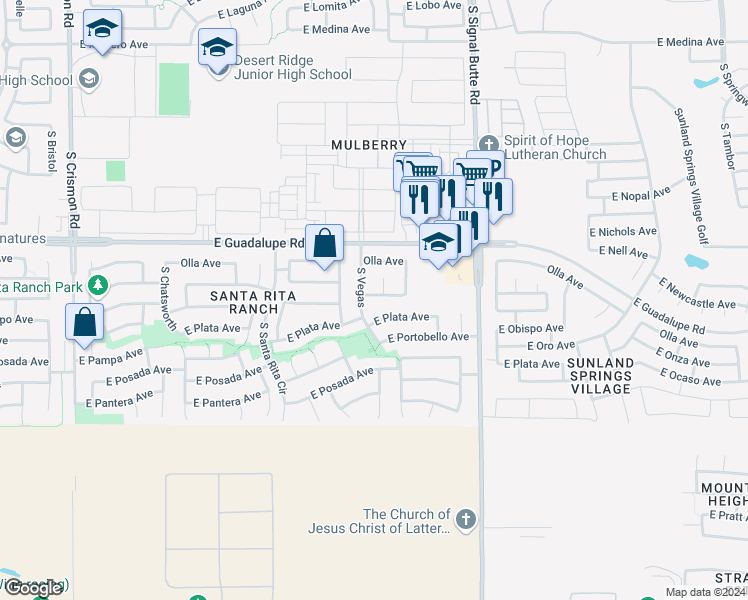 map of restaurants, bars, coffee shops, grocery stores, and more near 10605 East Obispo Avenue in Mesa