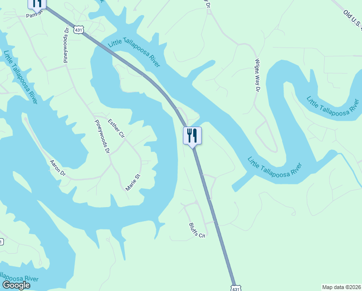 map of restaurants, bars, coffee shops, grocery stores, and more near 289 Pleasure Point Road in Wedowee