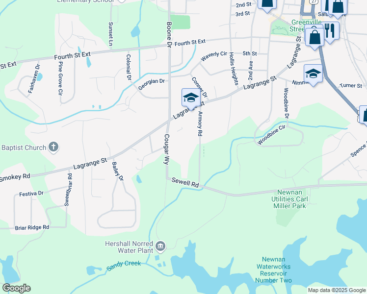 map of restaurants, bars, coffee shops, grocery stores, and more near 190 Lagrange Street in Newnan