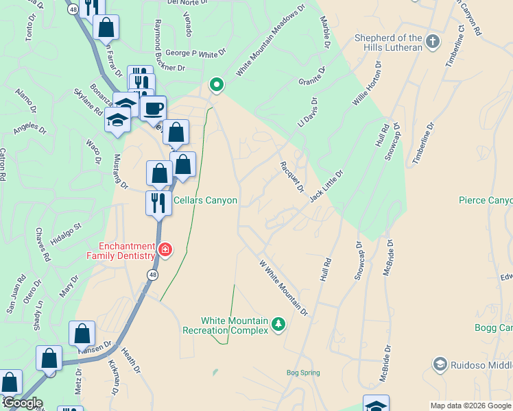 map of restaurants, bars, coffee shops, grocery stores, and more near 103 Don Snyder Drive in Ruidoso