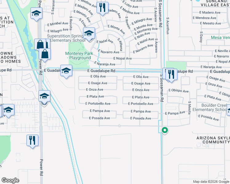 map of restaurants, bars, coffee shops, grocery stores, and more near 7342 East Onza Avenue in Mesa
