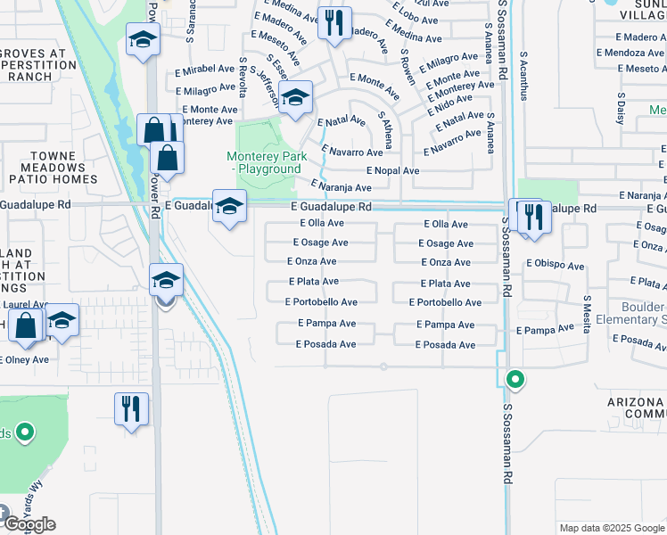 map of restaurants, bars, coffee shops, grocery stores, and more near 7211 East Onza Avenue in Mesa