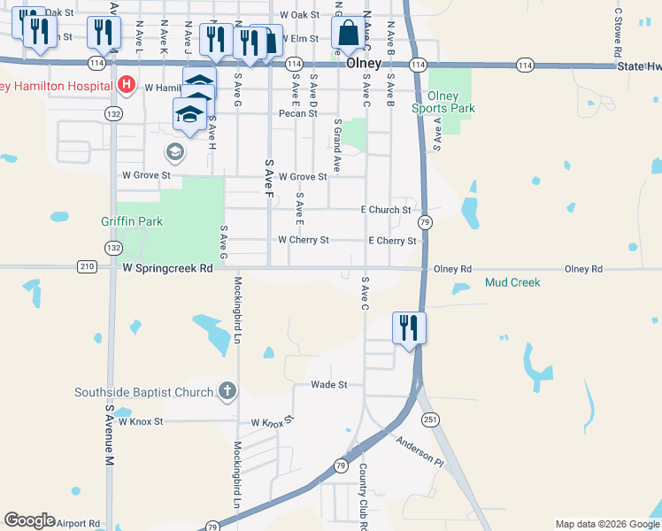 map of restaurants, bars, coffee shops, grocery stores, and more near 104 East Springcreek Road in Olney