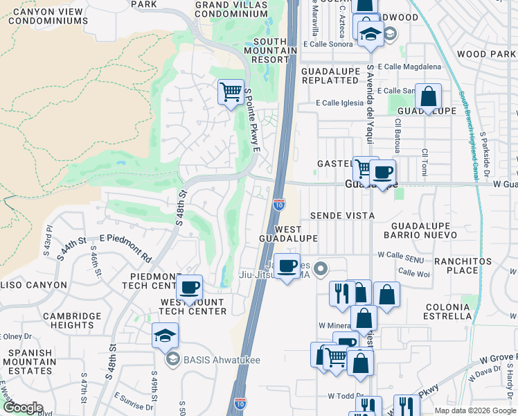 map of restaurants, bars, coffee shops, grocery stores, and more near 5151 Guadalupe in Phoenix