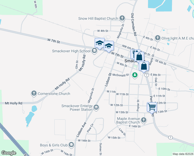 map of restaurants, bars, coffee shops, grocery stores, and more near 701 Magnolia Street in Smackover