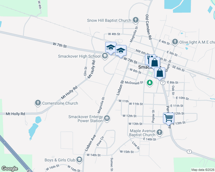map of restaurants, bars, coffee shops, grocery stores, and more near 701 Magnolia Street in Smackover