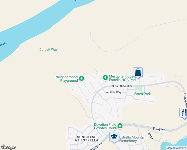 map of restaurants, bars, coffee shops, grocery stores, and more near 18512 West Paseo Way in Goodyear