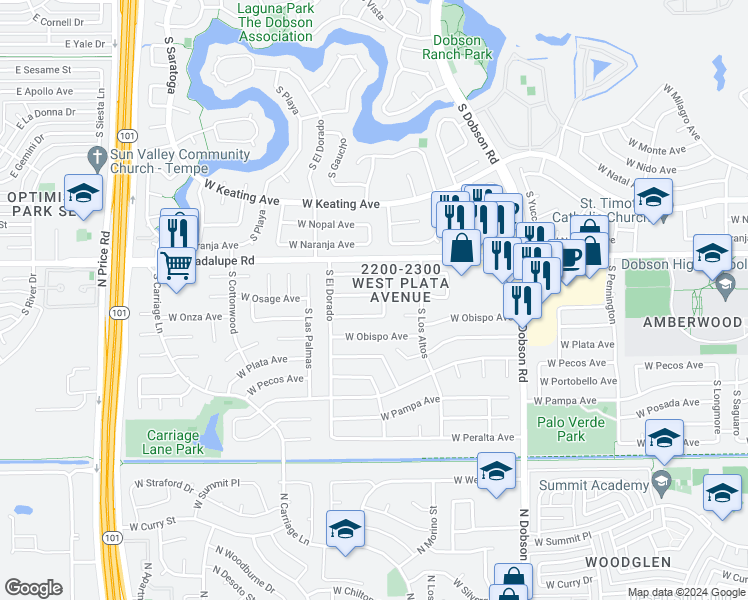 map of restaurants, bars, coffee shops, grocery stores, and more near 2261 West Osage Avenue in Mesa