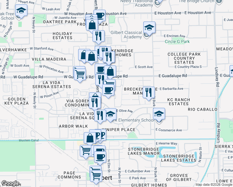 map of restaurants, bars, coffee shops, grocery stores, and more near 125 East Guadalupe Road in Gilbert