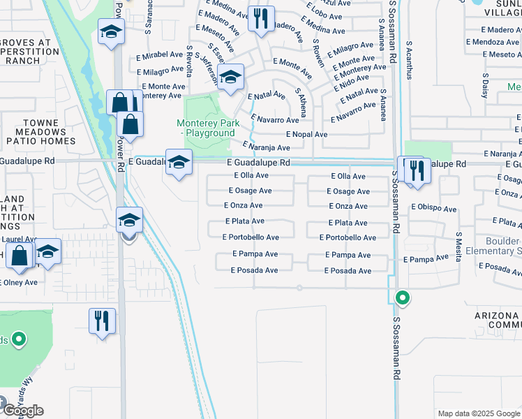 map of restaurants, bars, coffee shops, grocery stores, and more near 7204 East Onza Avenue in Mesa